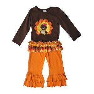 Girls 3T Thanksgiving Outfit Brown Top‎ Turkey Applique Orange Ruffle Pants Set